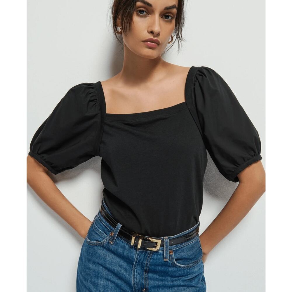 White + Warren Square Neck Poplin Tee Puff Sleeve Top in Jet Black Size Small